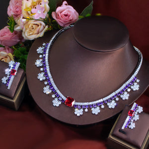 Gorgeous Flower Necklace and Earrings Purple Red Bridal Jewelry Set for Women Luxury Wedding Dress Accessories Jovera Joyce