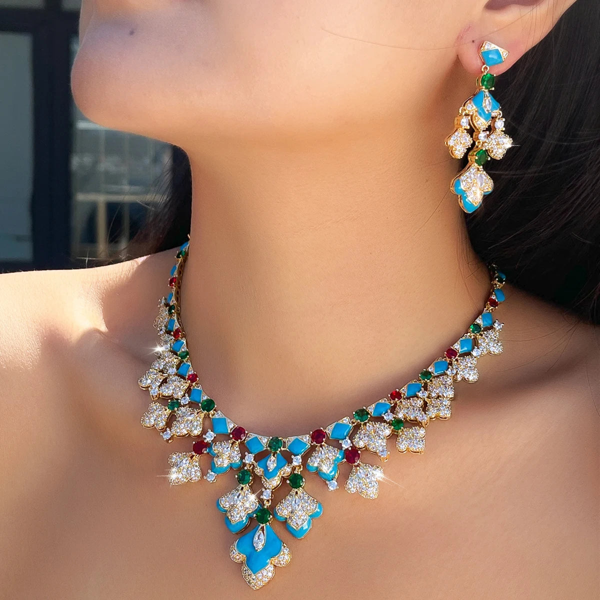 Gorgeous Mediterranean Style Blue Enamel Green CZ Necklace and Earrings Sets Vintage Luxury Jewelry Set for Banquets Vacations Jovera Joyce