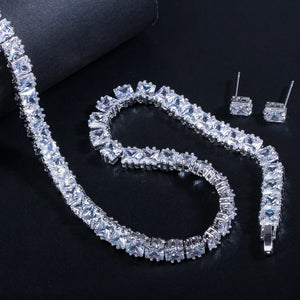 Super Shiny Square Cubic Zirconia Chain Link Tennis Necklace and Stud Earrings Jewelry Set for Women Man Party Jovera Joyce