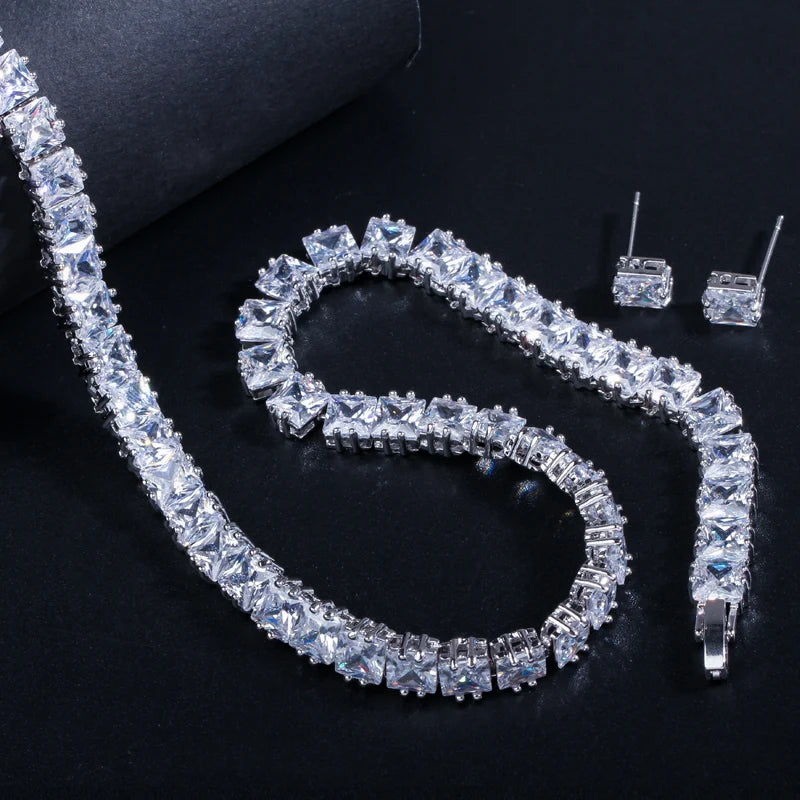 Super Shiny Square Cubic Zirconia Chain Link Tennis Necklace and Stud Earrings Jewelry Set for Women Man Party Jovera Joyce