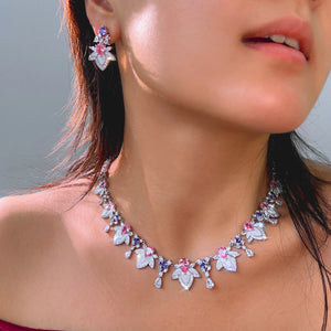Rhodium Plated Purple Pink Drop Necklace Earrings CZ Long Leaf Enamel Necklace Earrings for Women Fiancee Engagement Jewelry Set Jovera Joyce