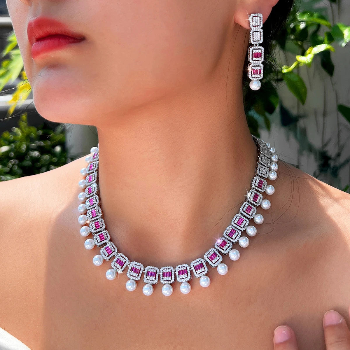 Women Glamorous Necklace and Earrings Red Cubic Zirconia Bridal Pearl Jewelry Set for Anniversaries Engagement Wedding Jewellery Jovera Joyce