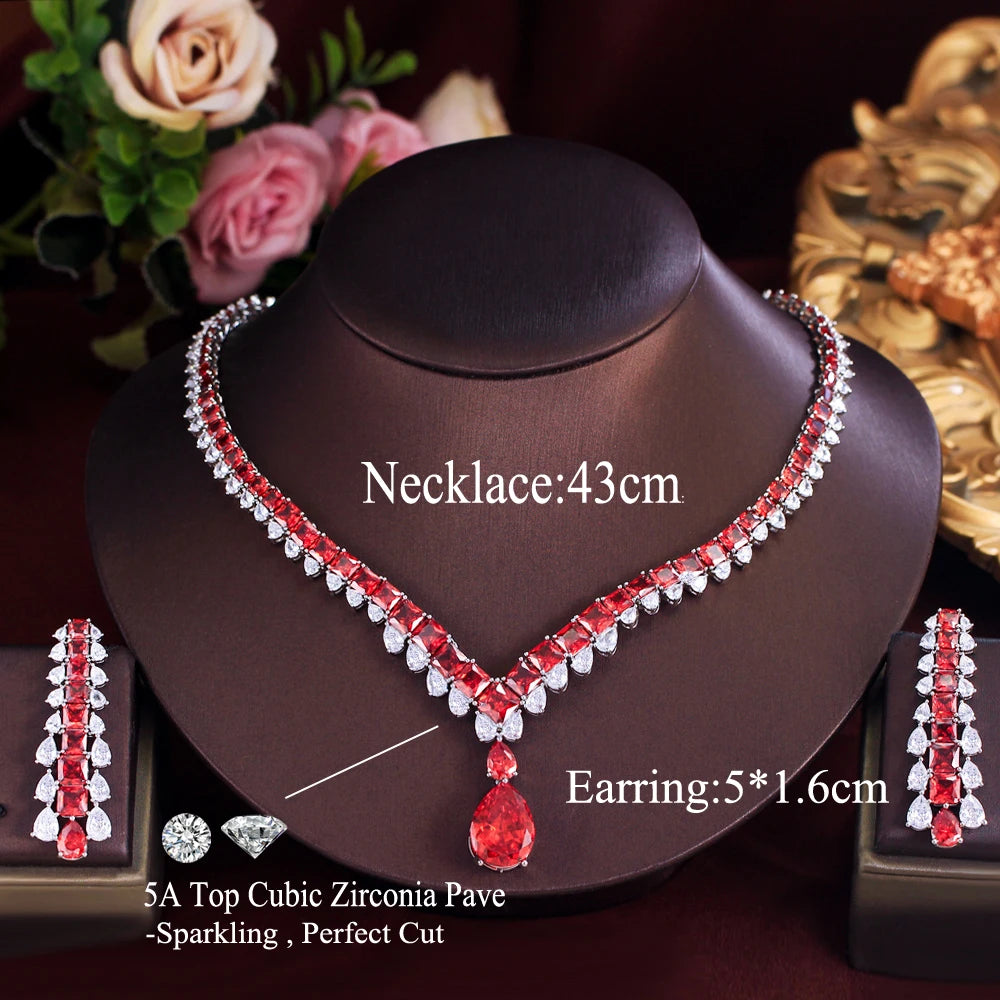 Luxury White Red Water Drop Zirconia Long Dangle Earrings and Necklace Bridal Wedding Party Jewelry Set for Women Jovera Joyce