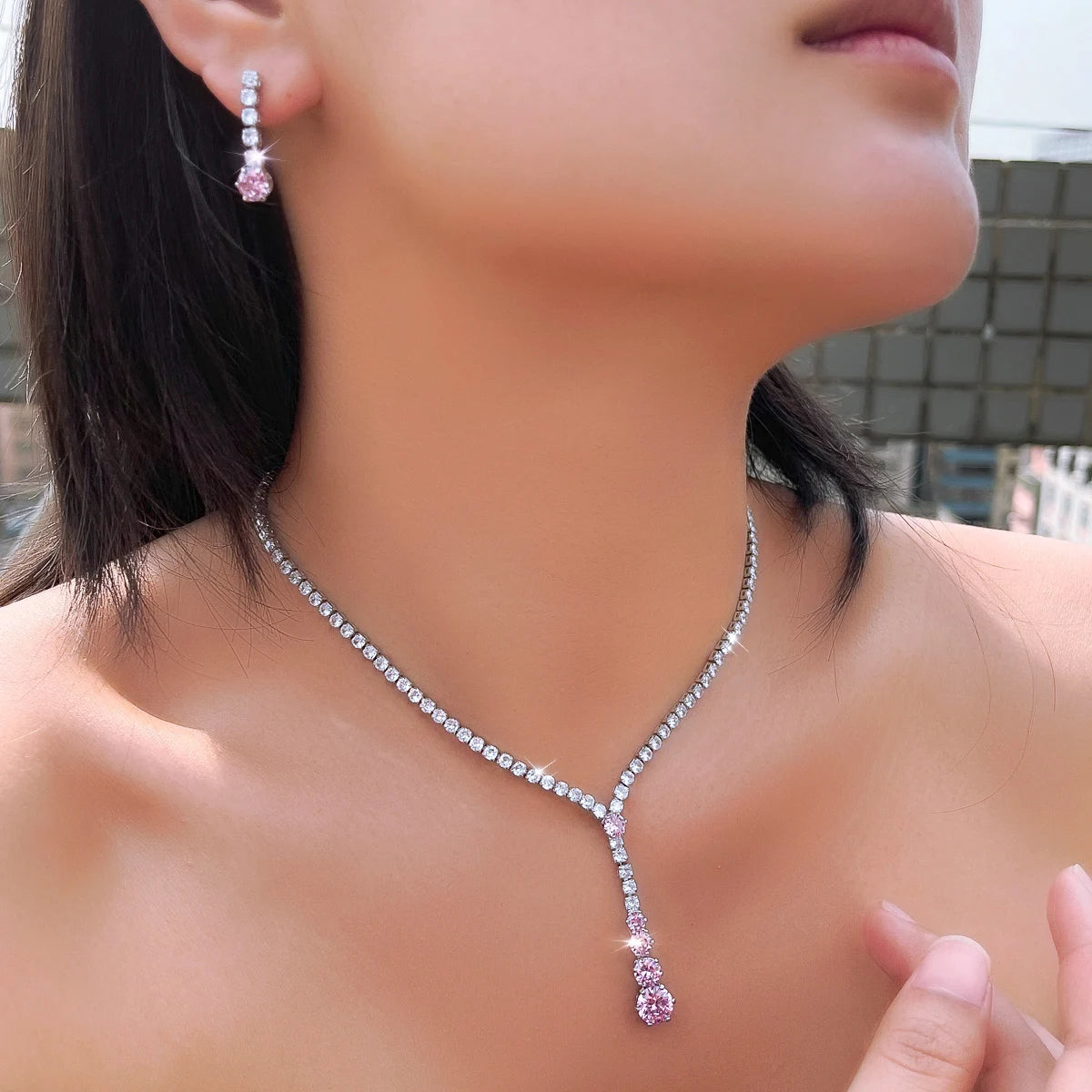 Charming CZ Jewelry Set Long Round Tennis Brilliant Cut Pink Zircon Necklace Earring Rhodium Plated CZ Women Wedding Jewelry Set Jovera Joyce