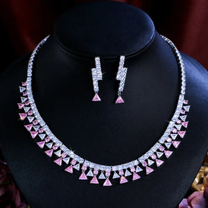 Shinning Triangle Shape Cubic Zirconia White and Pink Luxury Jewelry Set for Women Gathering Party Necklace and Earrings Set Jovera Joyce