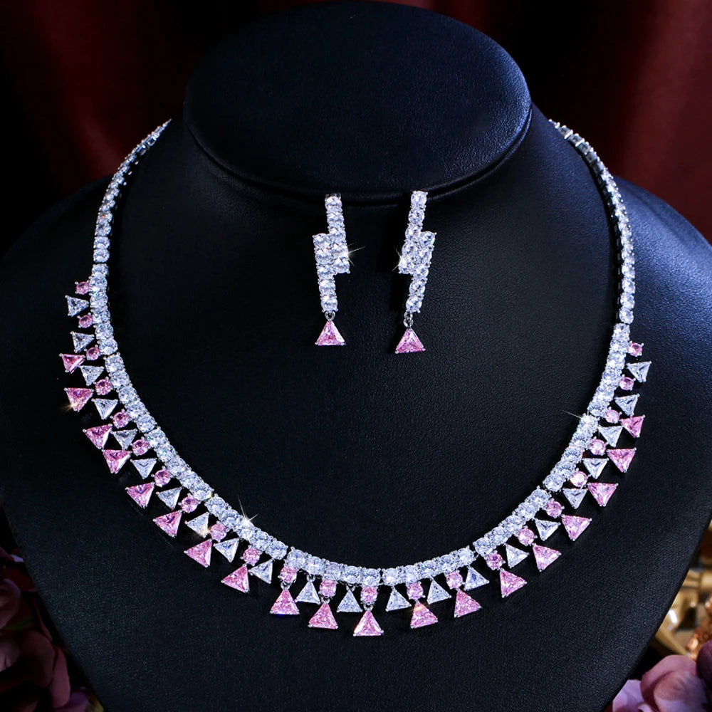 Shinning Triangle Shape Cubic Zirconia White and Pink Luxury Jewelry Set for Women Gathering Party Necklace and Earrings Set Jovera Joyce