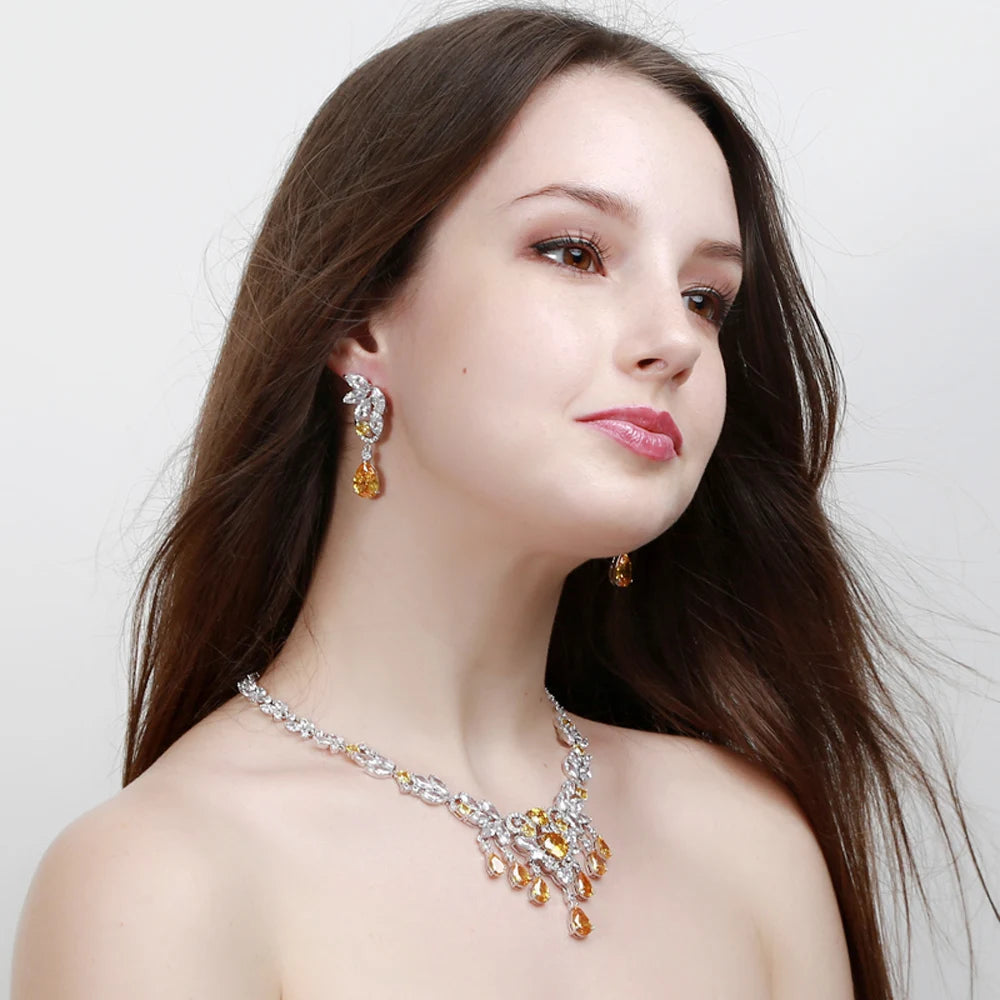 Rhodium Plated CZ Jewelry Set Yellow Zirconia Nigeria Tassel Necklace Earrings Bridal Wedding Luxury Jewelry Set for Women Party Jovera Joyce