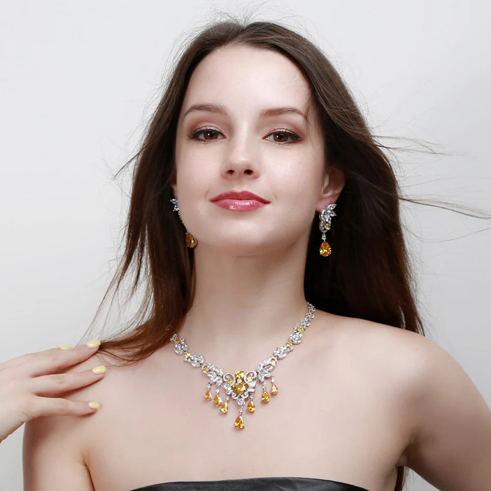 Rhodium Plated CZ Jewelry Set Yellow Zirconia Nigeria Tassel Necklace Earrings Bridal Wedding Luxury Jewelry Set for Women Party Jovera Joyce