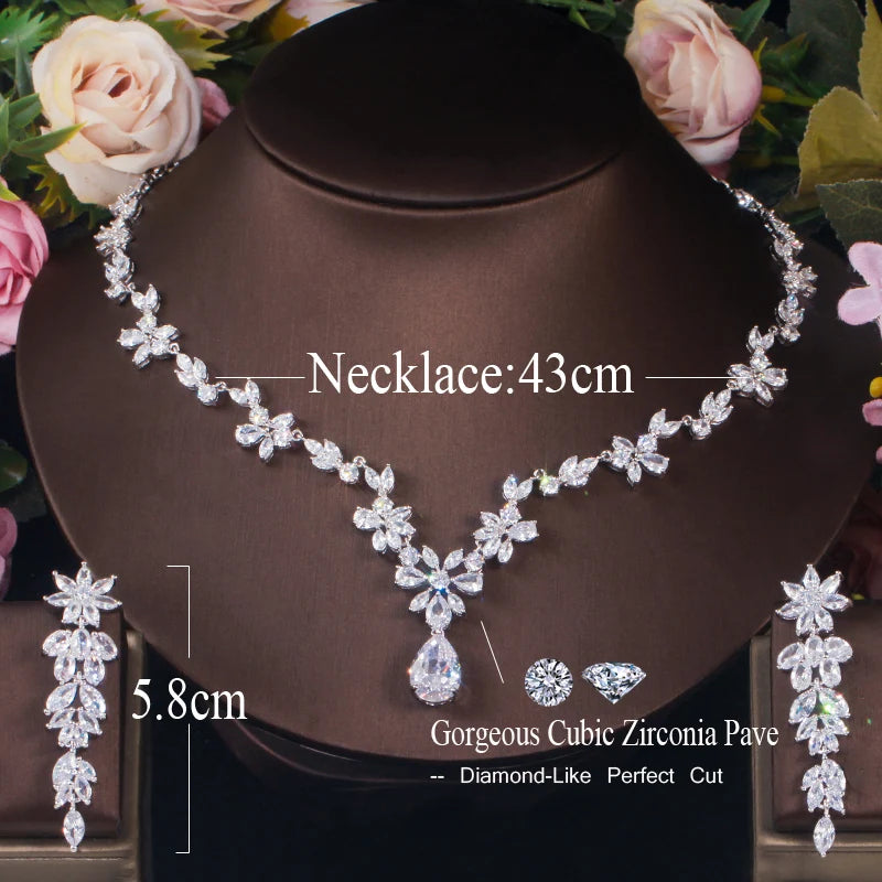 Women Wedding Jewellery Set with Shiny Cubic Zircon Stone Flower Long Leaf Shaped Dangle Earrings Necklace Luxury Bridal Jewelry Jovera Joyce
