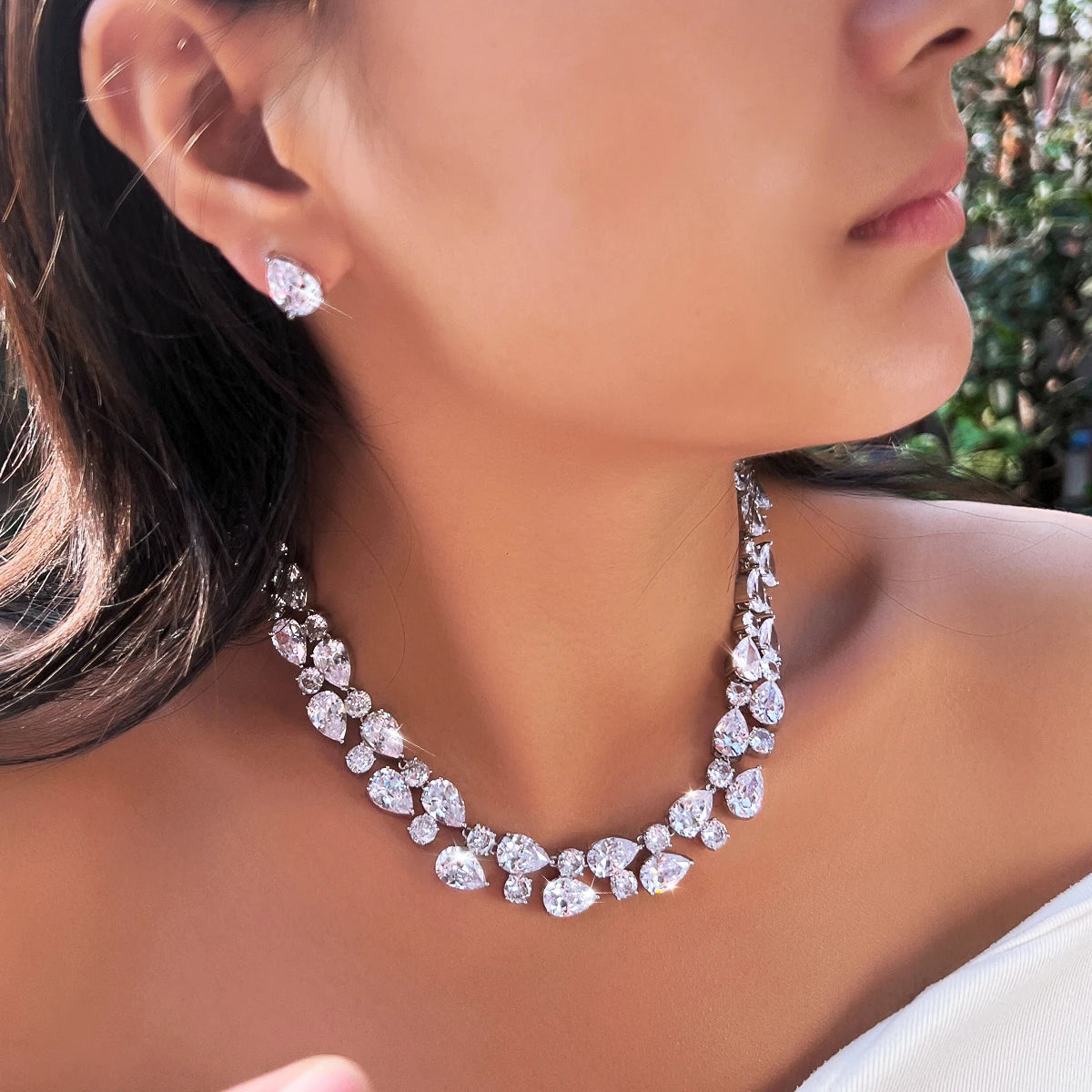 Stunning Rhodium Plated Round Tennis CZ Jewelry Set Cubic Zircon Drop Dangle Necklace Earrings Jewelry Set for Women Engagement Jovera Joyce