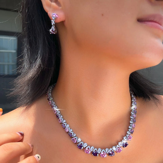Rhodium Plated Purple Pink CZ Oval Tennis Necklace Dangle Earrings Set Geometric Zircon Set for Fiancee Engagement Jewelry Jovera Joyce