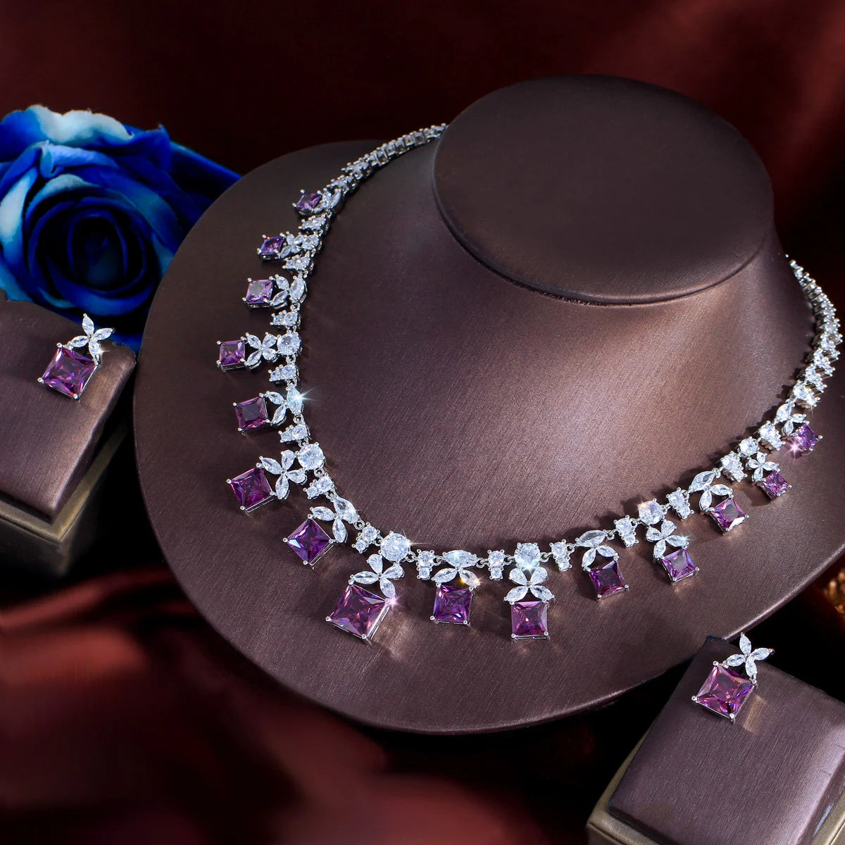 Wholesale Luxurious Designs Square Cubic Zircon Bridal Purple Jewelry Set for Women Anniversary Wedding Party Dress Accessories Jovera Joyce