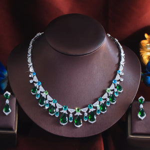 Trendy CZ Jewelry Set Light Blue Round Green Drop Zirconia Tennis Necklace Earrings Jewelry Set for Women Lady Valentine's Gift Jovera Joyce