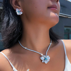 Vintage Shiny Micro Pave CZ Turquoise Flower Pendant Necklace Stud Earrings Set for Women Formal Banquet Bridesmaid Jewelry Set Jovera Joyce