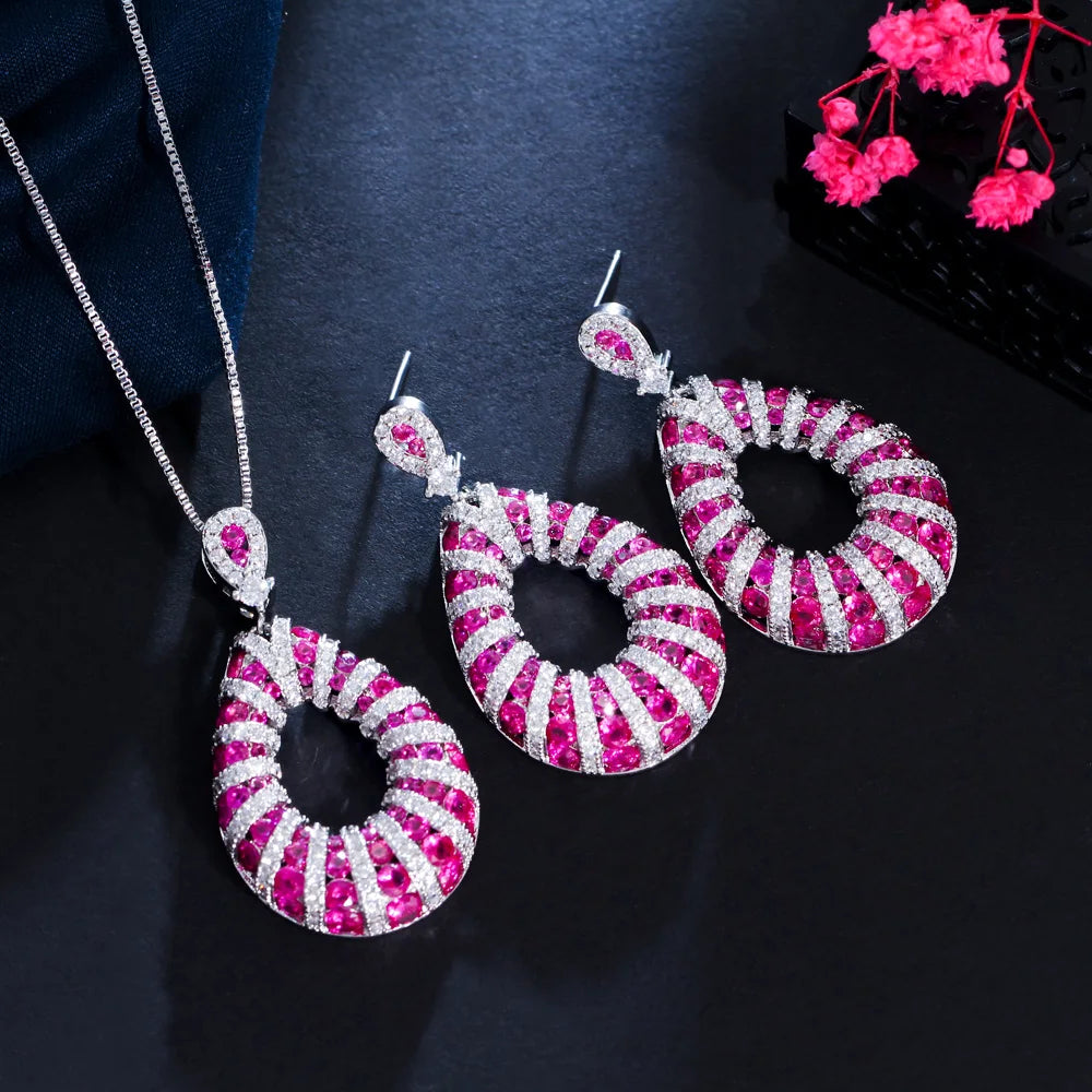 Micro Pave Excellent Fuchsia Red Cubic Zirconia Dangle Pendant Necklace Tear Drop Earring Jewelry Set for Women Festive Prom Jovera Joyce
