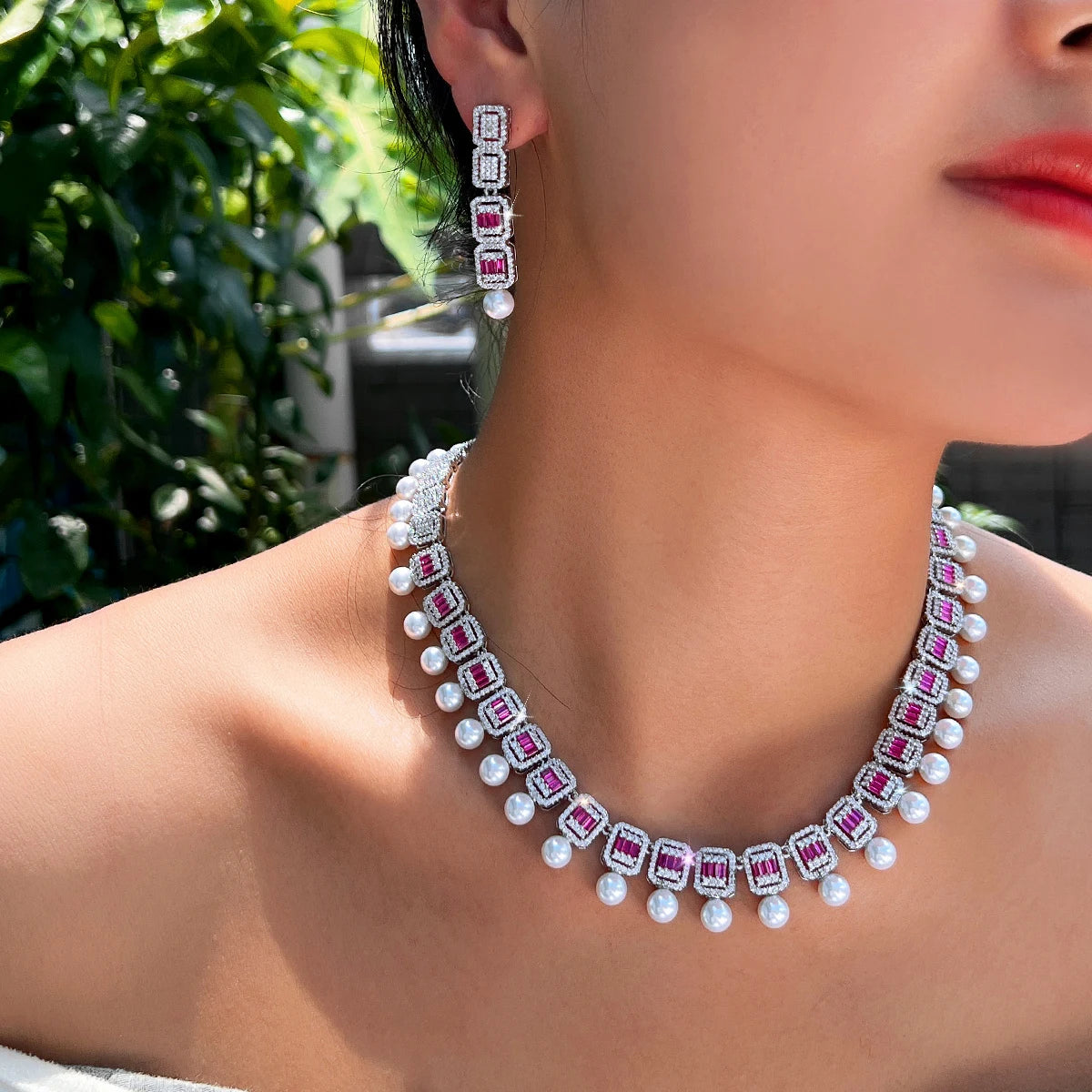 Women Glamorous Necklace and Earrings Red Cubic Zirconia Bridal Pearl Jewelry Set for Anniversaries Engagement Wedding Jewellery Jovera Joyce