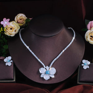 Vintage Shiny Micro Pave CZ Turquoise Flower Pendant Necklace Stud Earrings Set for Women Formal Banquet Bridesmaid Jewelry Set Jovera Joyce