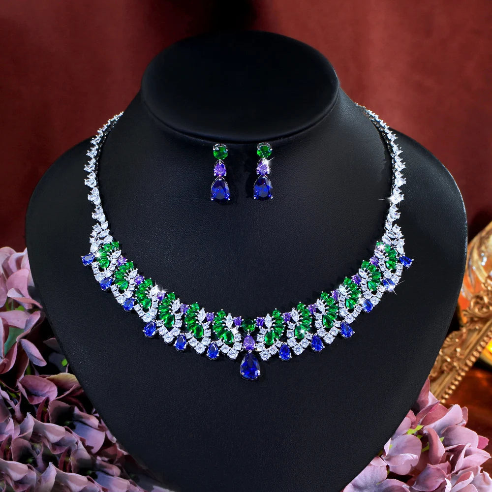 Vintage Shiny Blue Green Cubic Zirconia Necklace Earrings Luxury Water Drop Bridal Wedding Evening Party Jewelry Set for Women Jovera Joyce