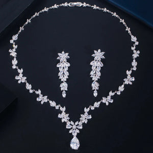 Women Wedding Jewellery Set with Shiny Cubic Zircon Stone Flower Long Leaf Shaped Dangle Earrings Necklace Luxury Bridal Jewelry Jovera Joyce