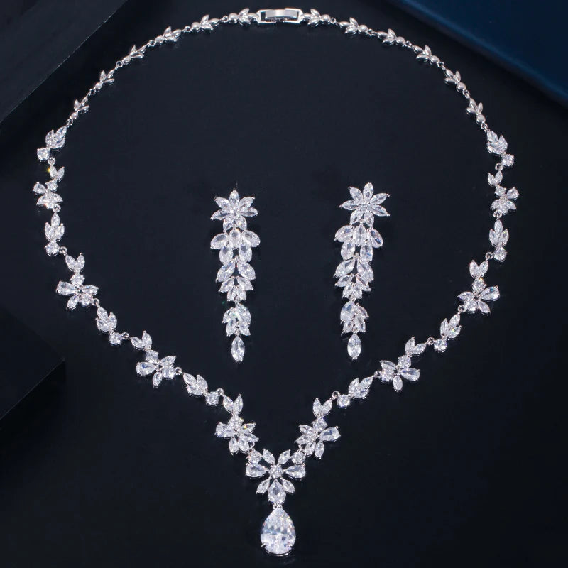 Women Wedding Jewellery Set with Shiny Cubic Zircon Stone Flower Long Leaf Shaped Dangle Earrings Necklace Luxury Bridal Jewelry Jovera Joyce
