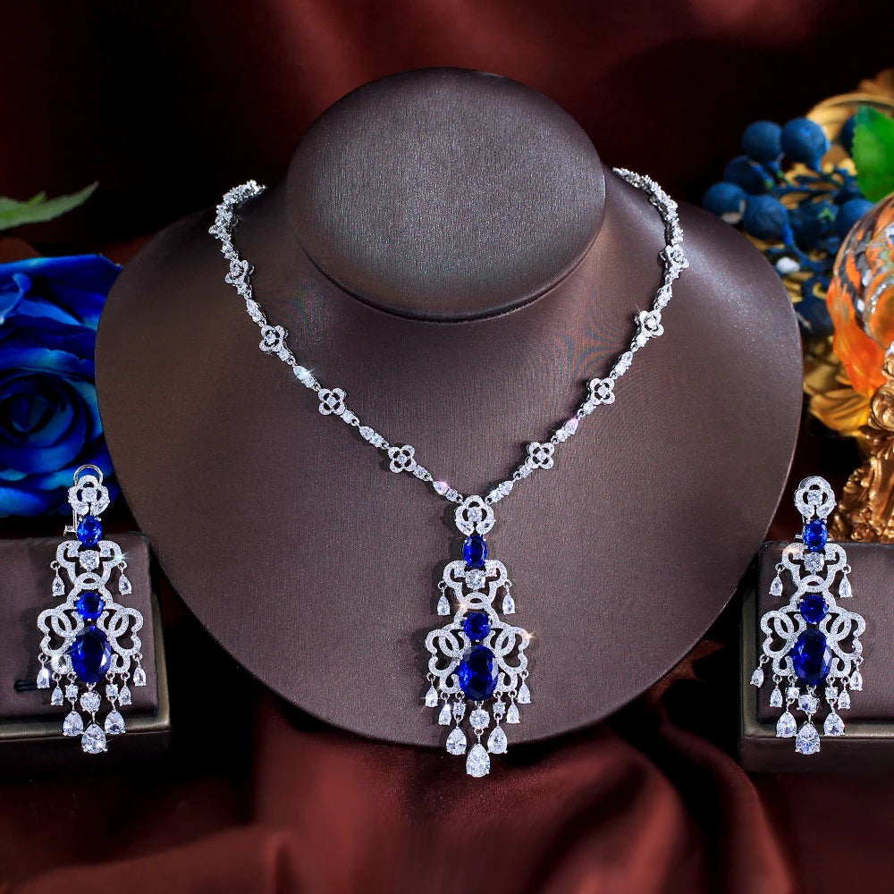 Top Quality Royal Blue Cubic Zirconia African Long Big Statement Necklace Earrings 2Pcs Sets for Women Evening Party Jewelry Jovera Joyce