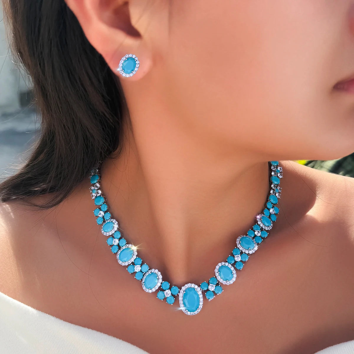 Charming Blue CZ Jewelry Set Turquoise Cubic Zirconia Oval Shaped Necklace Earrings Jewelry Set for Brides Wedding Costume Gift Jovera Joyce