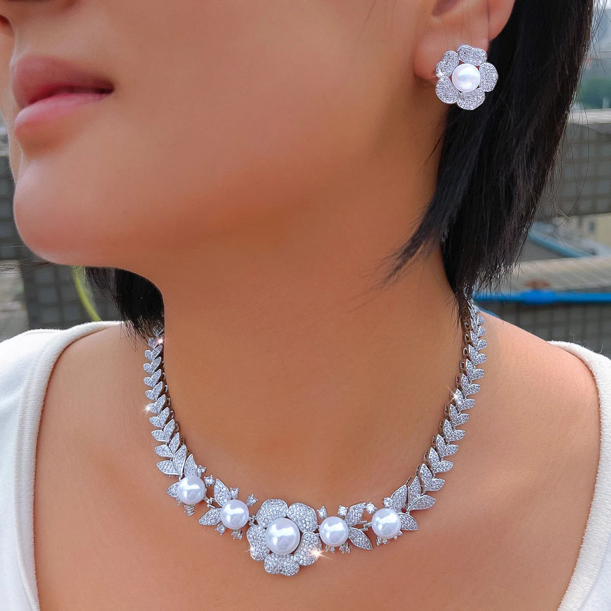 Super Luxury Wedding Bridal Necklace and Earrings Micro Pave Cubic Zircon Big Imitation Pearl Jewelry Set for Women Jewelry Gift Jovera Joyce