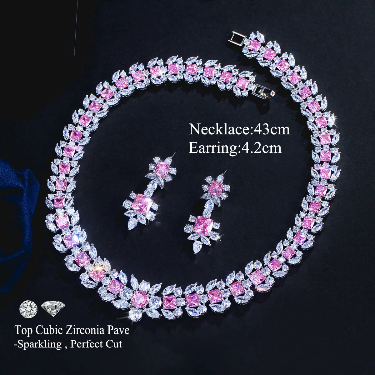 Rhodium Plated Geometric CZ Jewelry Set Pink Square Cubic Zircon Leaf Tennis Necklace Earrings Jewelry Set for Women Party Gift Jovera Joyce