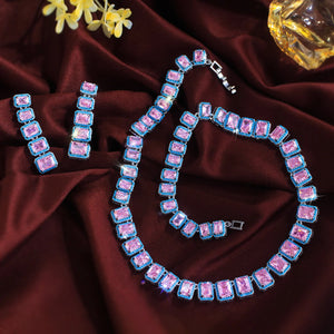 Rhodium Plated CZ Pink Baguette Tennis Necklace Earring Set Blue Turquoise Zircon Jewelry Set for Brides Wedding Engagement Gift Jovera Joyce