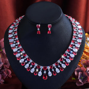 Charming Cubic Zirconia Jewelry Set Rhodium Plated Red CZ Heart Drop Dangle Necklace Earrings Jewelry Set for Brides Wedding Jovera Joyce