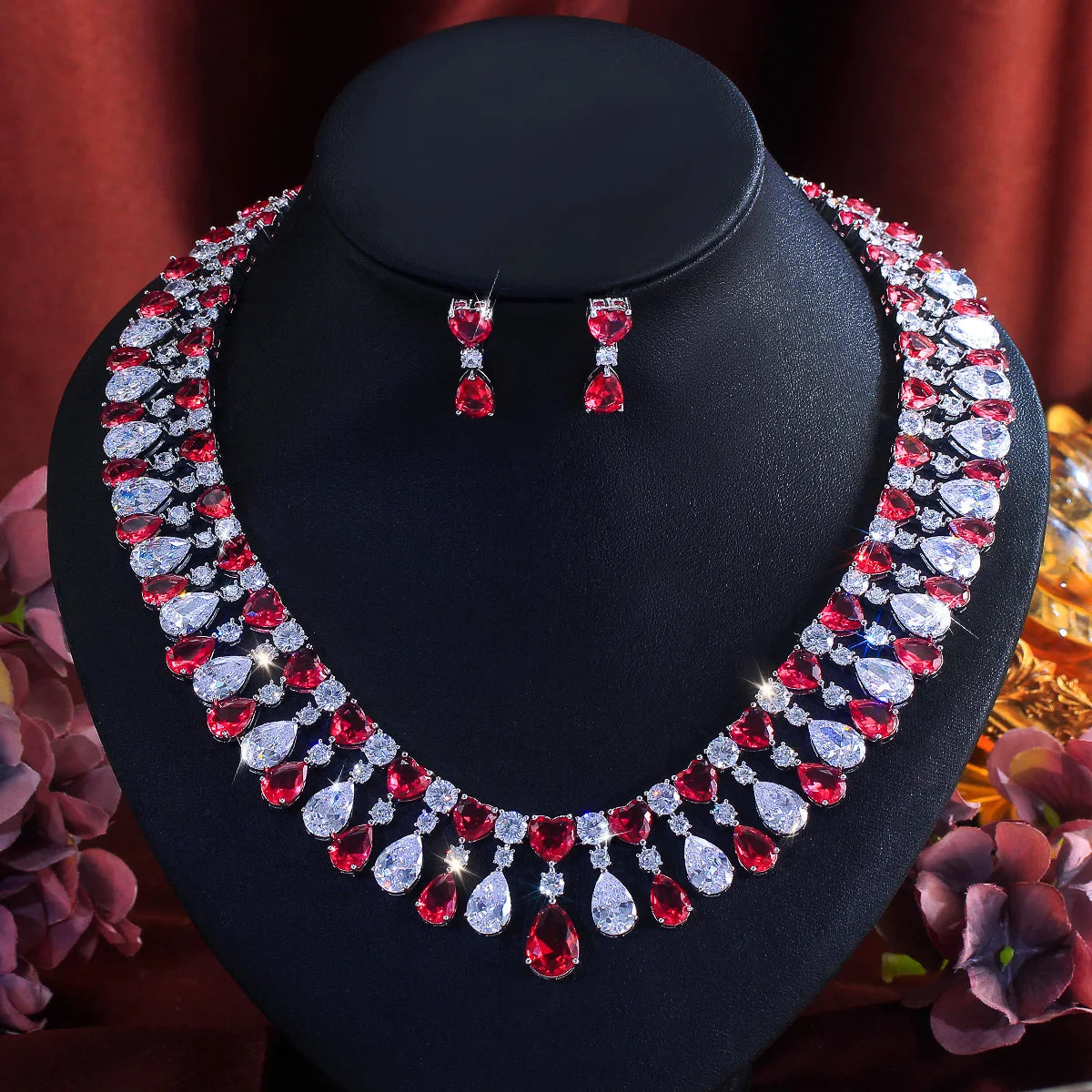 Charming Cubic Zirconia Jewelry Set Rhodium Plated Red CZ Heart Drop Dangle Necklace Earrings Jewelry Set for Brides Wedding Jovera Joyce