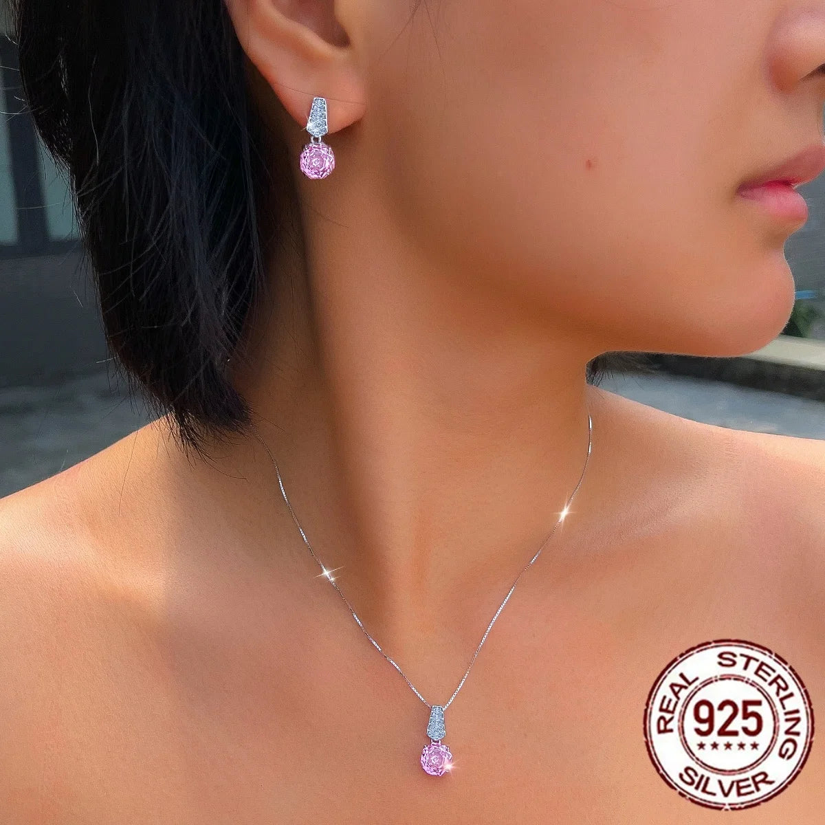 S925 Sterling Silver Pendant Necklace and Earrings Hypoallergenic Rose-Cut Cubic Zirconia V-Shaped Ladder Design Jewelry Set Jovera Joyce