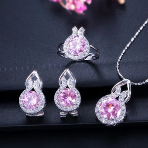 Romantic Pink Cubic Zircon Stone Series 3pcs Pendant Earrings Necklace and Ring Fashion Women Engagement Costume Jewelry Sets Jovera Joyce