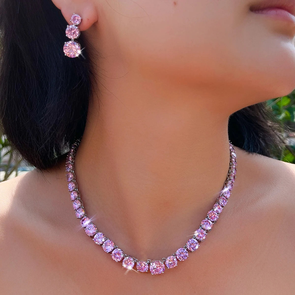 Elegant CZ Pink Round Cut Necklace Earrings Jewelry Set Rhodium Plated Zircon Necklace Earrings Set for Brides Wedding Jewelry Jovera Joyce