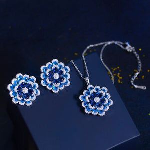 Art Deco Luxury Blue Cubic Zirconia Chunky Flower Shaped Earrings and Pendant Necklace Women Party Jewelry Sets Jovera Joyce