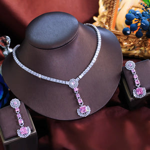 Glamorous Cubic Zirconia Necklace and Earrings Shimmering Pink White Jewelry Set for Women Wedding Anniversary Banquet Jewellery Jovera Joyce
