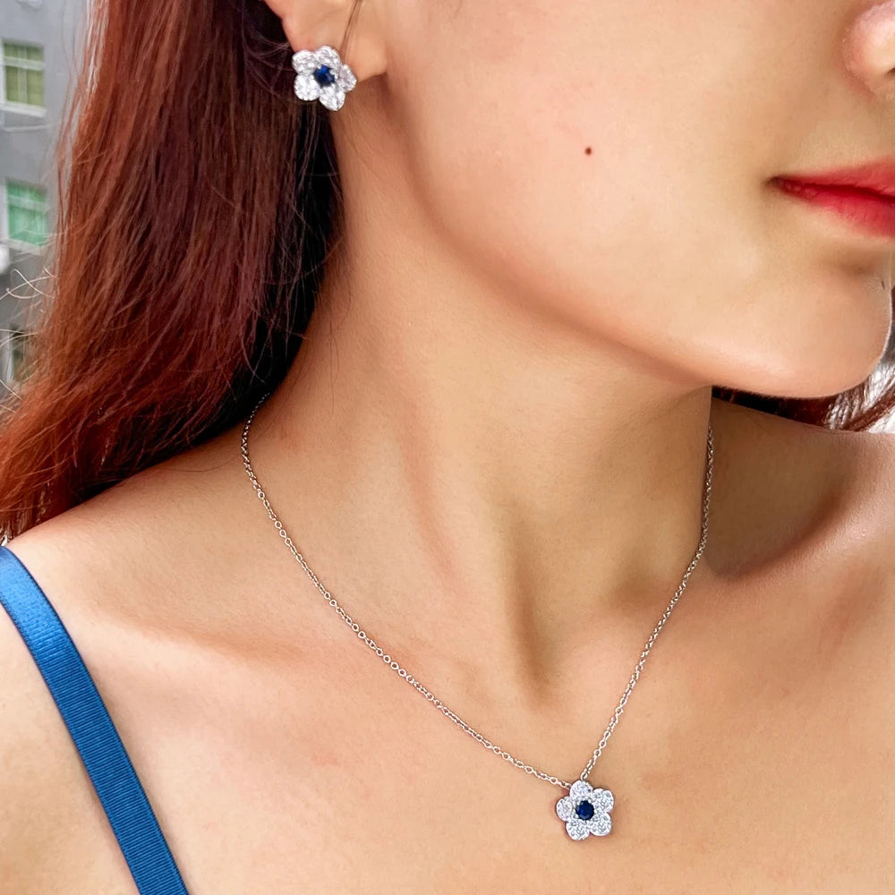 Korean Style Micro Pave Cubic Zircon Green Red Blue White Flowers Necklace and Earrings Jewelry Sets for Women Summer Daily Wear Jovera Joyce