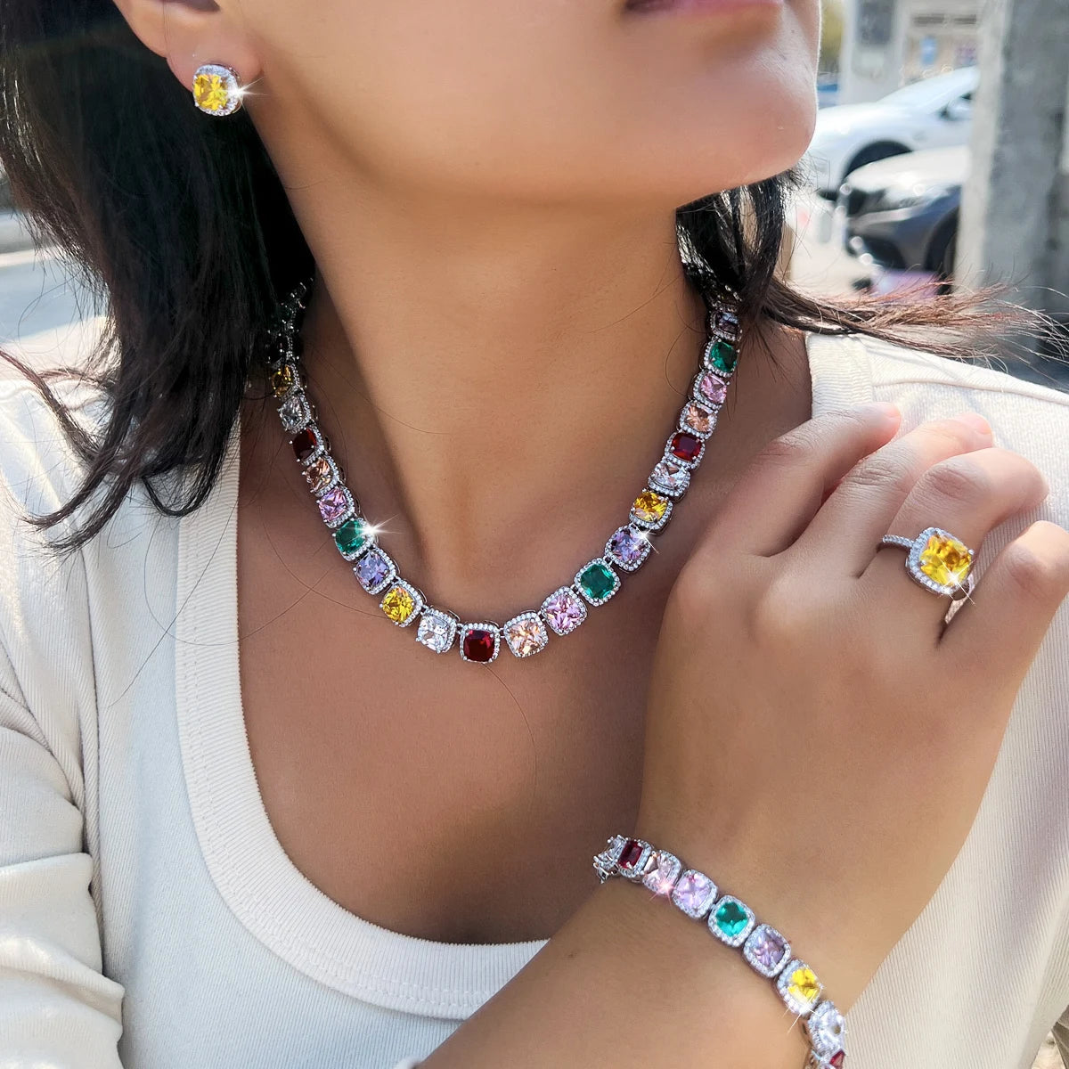 Sparkling 4PCS Rhodium Plated CZ Jewelry Set White Square Zircon Bracelet Ring Earrings Necklace Jewelry Set for Women Banquet Jovera Joyce