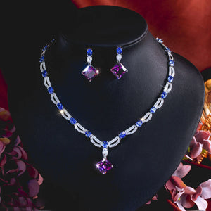 Rhodium Plated CZ Jewelry Set Cubic Zircon Blue Oval Purple Rhombus Dangle Drop Necklace Earrings Jewelry Set for Brides Wedding Jovera Joyce
