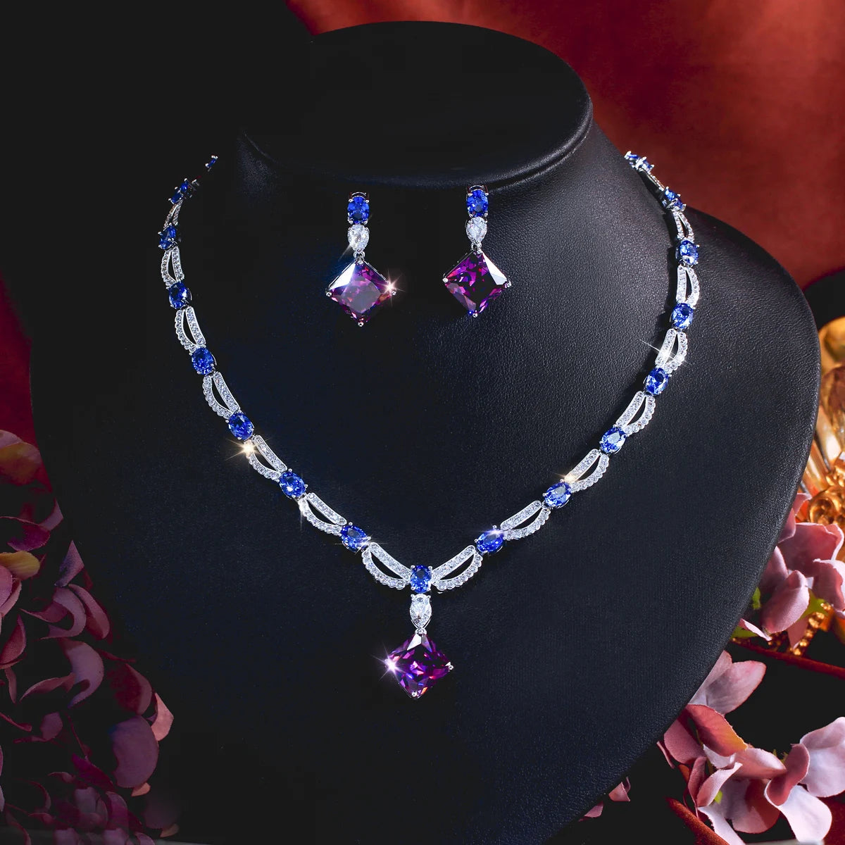 Rhodium Plated CZ Jewelry Set Cubic Zircon Blue Oval Purple Rhombus Dangle Drop Necklace Earrings Jewelry Set for Brides Wedding Jovera Joyce
