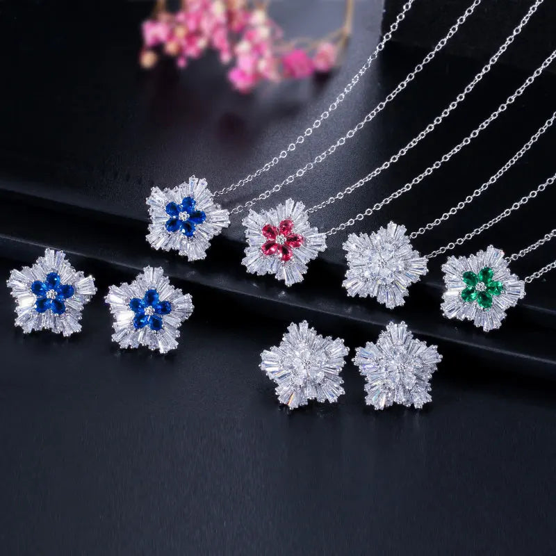 Ladies Fashion Jewelry 3a Cubic Zirconia Snow Flower Pendant Necklace and Stud Earrings Sets for Women Gift Jovera Joyce