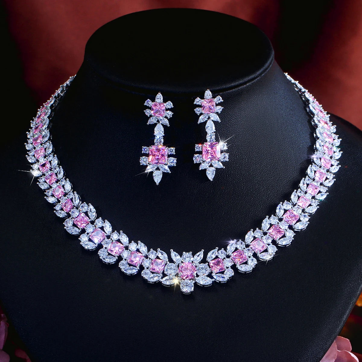 Rhodium Plated Geometric CZ Jewelry Set Pink Square Cubic Zircon Leaf Tennis Necklace Earrings Jewelry Set for Women Party Gift Jovera Joyce