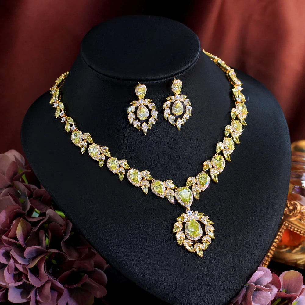 Glamorous Super Luxury Gold Plated Olive Yellow Cubic Zirconia Jewelry Set for Women Engagement Wedding Banquet Party Jovera Joyce