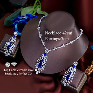 Top Quality Royal Blue Cubic Zirconia African Long Big Statement Necklace Earrings 2Pcs Sets for Women Evening Party Jewelry Jovera Joyce