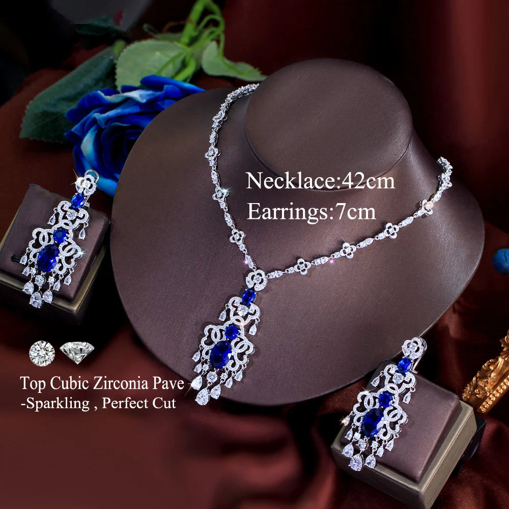 Top Quality Royal Blue Cubic Zirconia African Long Big Statement Necklace Earrings 2Pcs Sets for Women Evening Party Jewelry Jovera Joyce