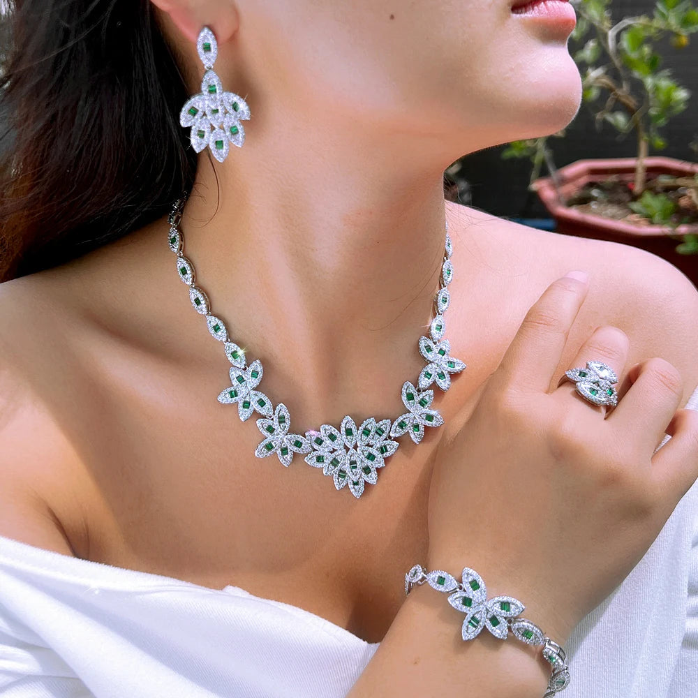 Elegant 4pcs Leaf Shape Cubic Zirconia Stone Bridal Luxury Green Jewelry Set for Women Party Engagement Dress Accessories Jovera Joyce