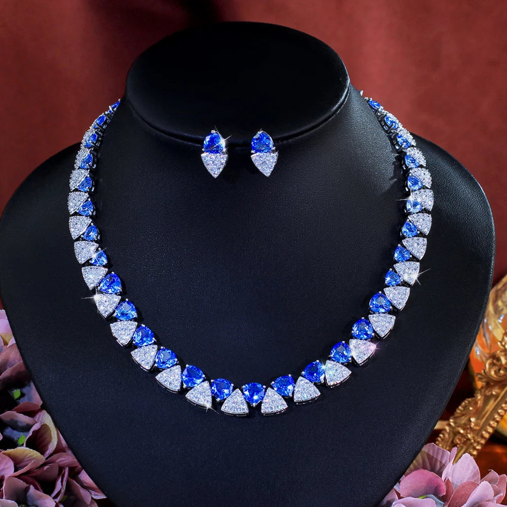 Luxury Unique Shiny Blue Synthetic Tanzanite Stone and White Zirconia Triangle Shape Bridal Wedding Party Jewelry Set for Women Jovera Joyce