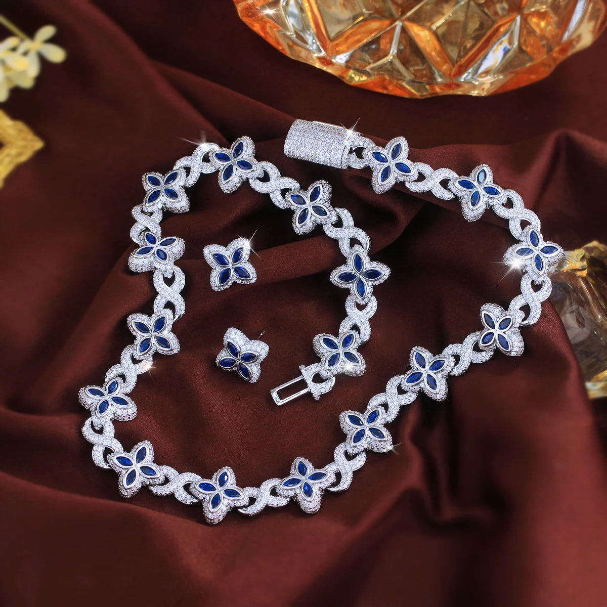Hip Hop Jewelry Sapphire Blue 4 Leaf Clover Flower Necklace and Earrings Cubic Zircon Cuban Link Chain Jewelry Set for Women Man Jovera Joyce