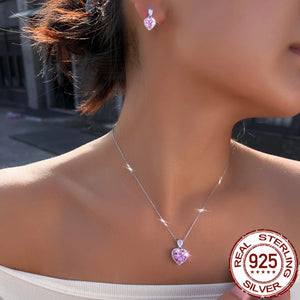 Rhodium Plated CZ Pendant Earrings Drop Pink Heart Zircon Pendant Stud Earrings for Girls 925 Sterling Silver Lovely Jewelry Set Jovera Joyce