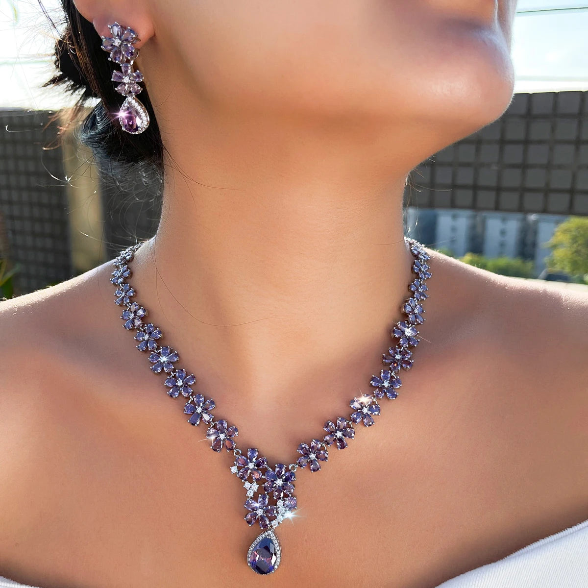 Charming Rhodium Plated CZ Jewelry Set Purple Flower Water Drop Necklace Earrings Jewelry Set for Women Brides Wedding Costume Jovera Joyce